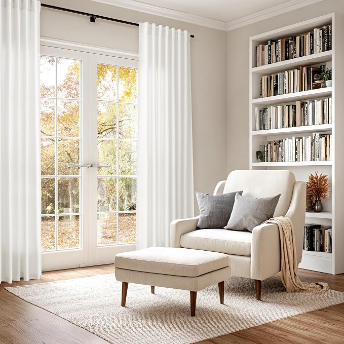Nanspring Beige White 102 Inch Linen Curtains for Living Room Privacy Semi Sheer Curtains Back Tab and Rod Pocket Farmhouse Coastal Room Decor Curtain for Bedroom Large Window 70x102, 2 Panels