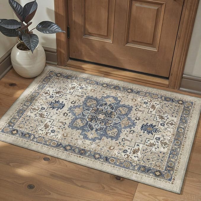 GENIMO 2x5 Runner Rugs for Hallway, Machine Washable Non Slip Vintage Rugs, Low Pile Lightweight Soft Print Carpet for enrtyway, Corridor, Home Office, Kitchen, Blue Cream
