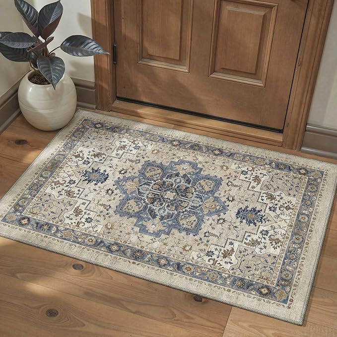 GENIMO Area Rug 2x3 Doormat, Machine Washable Low Pile Rugs, Small Retro Entryway Mat for Entrance, Hallway, Kitchen and Corridor, Blue Cream