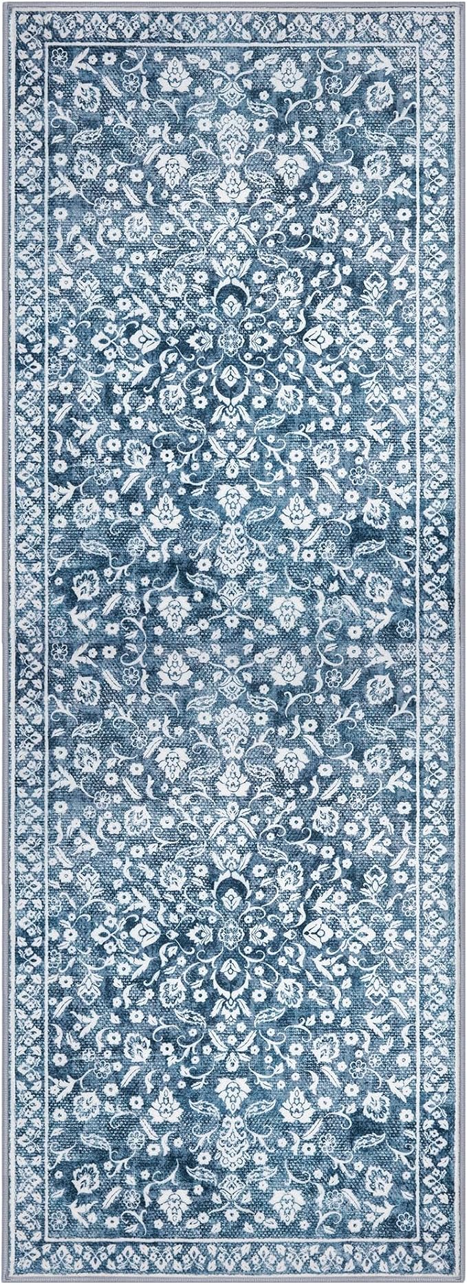 Vintage 2x7 Runner Rug, Blue and White Washable Runners for hallways, Super Soft Kitchen Runner Rug Non Slip, Print Faux Wool Floral Thin Carpet Runner for Entryway Indoor Bedside Runner