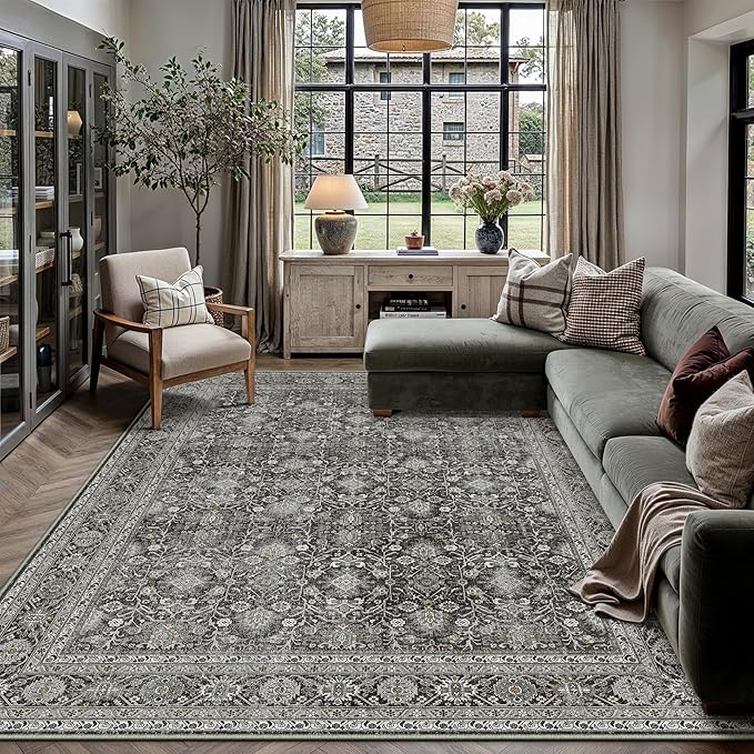 PureCozy Vintage Area Rug 8x10 Black Washable Living Room Large Carpet Non Slip Bedroom Indoor Office Low Pile Traditional Distressed Retro Accent Rug for Dining Room