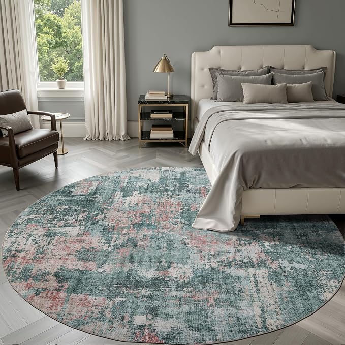 Sasttie 6ft Soft Round Area Rug, Modern Abstract Washable Circle Carpet for Living Room, Bedroom, Dining Room Table, with Non-Slip Backing, Pink and Green