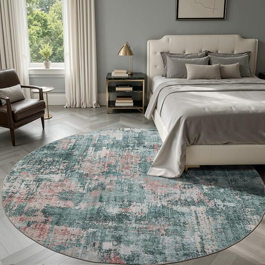 Sasttie 6ft Soft Round Area Rug, Modern Abstract Washable Circle Carpet for Living Room, Bedroom, Dining Room Table, with Non-Slip Backing, Pink and Green