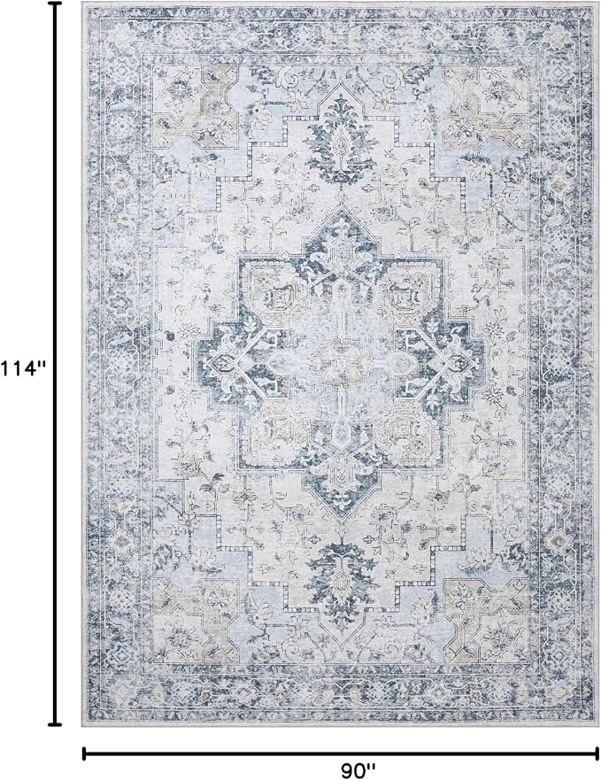 GENIMO 7'6''x9'6'' Area Rugs for Living Room, Machine Washable Non Slip Vintage Rugs, Low Pile Lightweight Chenille Print Rug for Bedroom, Dining Room, Home Office, Blue