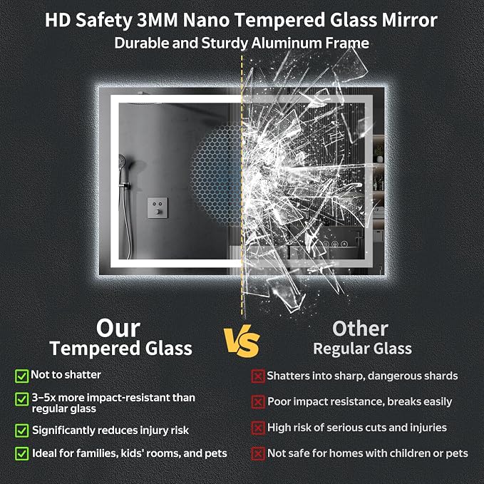 55"x36" LED Bathroom Mirror with Lights, Backlit + Front Lit with CRI>90, Lighted Mirror for Bathroom, Anti-Fog, Dimmable Brightness, 3 Colors, Memory Function, Shatterproof Tempered Glass
