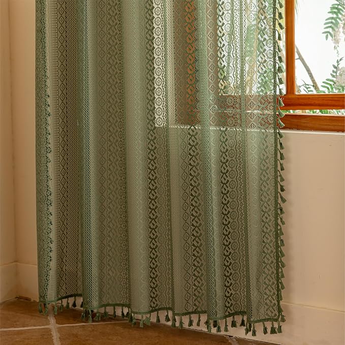 Sutuo Home Olive Green Boho Lace Curtains 84 Inches Long for Living Room&Bedroom, Bohemian Sheer Crochet Farmhouse Vintage Tassels Retro Christmas Privacy Window Curtains Rod Pocket,2 Panels 50" W