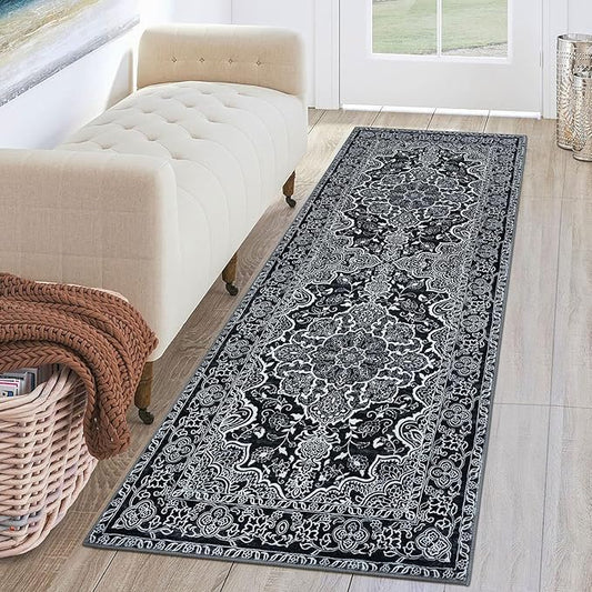KUTA Runners for Hallways 2x6 Black, Vintage Floral Kitchen Rugs Non-Slip Washable Runner Soft Printed Retro Distressed Flower Entryway Carpet for Bedroom Laundry Nursery