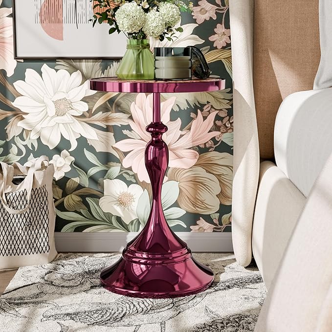 Homes: Inside + Out Halric Modern 24" Tall Round End Table with Decorated Tabletop and Iron Metal Base, Accent Furniture, Elegant Pedestal Stand for Living Room, Home Office, Chrome Purple