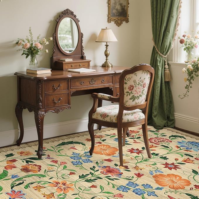GarveeHome Washable Rug 4x6 Area Rugs for Living Room, Floral Rug for Bedroom, Soft Boho Non Slip Throw Rugs with Rubber Back, Low Pile Stain Resistant Vintage Floral Carpet for Dining Room, Beige
