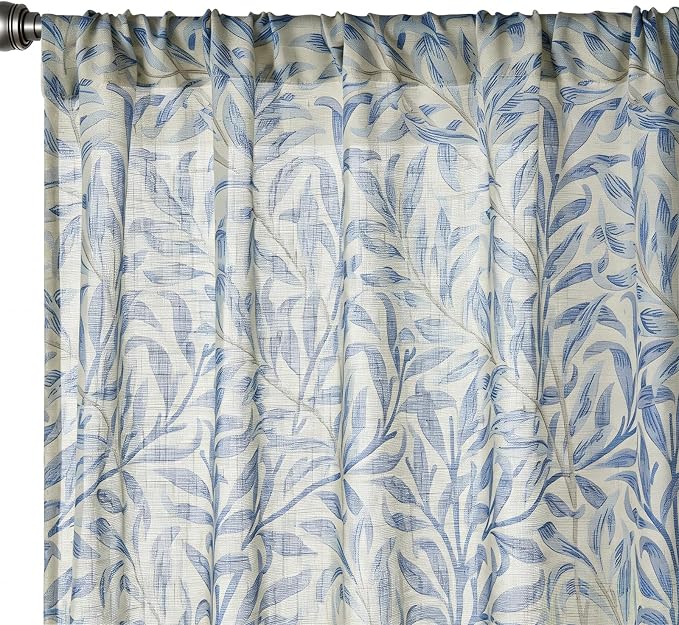 RoomTalks Turquoise Blue Floral Window Curtains 84 Inches Length 2 Panels Faux Linen Privacy, Boho Farmhouse Country Vintage Cute Botanical Curtain Panels for Bedroom Dining Living Room Nursery
