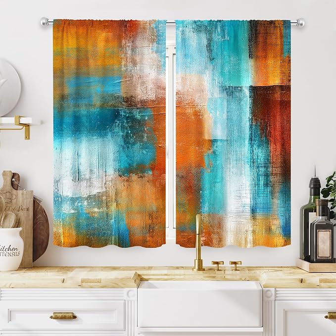 MESHELLY Brown Blue Abstract Kitchen Curtains 27.5W x 39H Inch Rod Pocket Rust Burnt Orange Teal Art Painting Modern Contemporary Watercolor Cool Oil Print Bedroom Window Drapes 2 Panel
