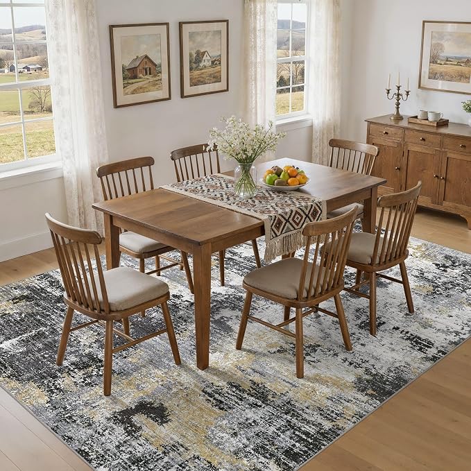 UERMEI 8x10 Area Rug for Living Room - Washable Neutral Modern Abstract Carpet, Non-Slip Soft Large Indoor Floor Rugs for Bedroom Home Office & Under Dining Table Decor, Black/White/Gold