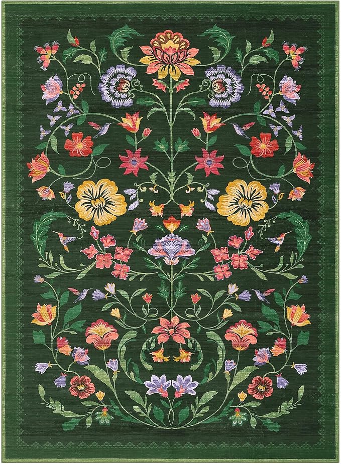 GarveeHome Washable Rug 3x5 Area Rugs for Living Room, Floral Rug for Bedroom, Soft Boho Non Slip Throw Rugs with Rubber Back, Low Pile Stain Resistant Vintage Floral Carpet for Dining Room, Green