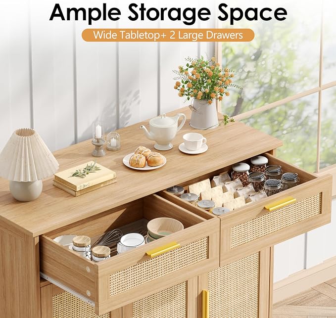 Akxomel Rattan Sideboard Buffet Cabinet with Storage, 35.4" W Buffet Cabinet with 2 Drawers and 3 Doors, Sideboard Storage Cabinet with Adjustable Shelves for Kitchen, Living Room, Natural Oak