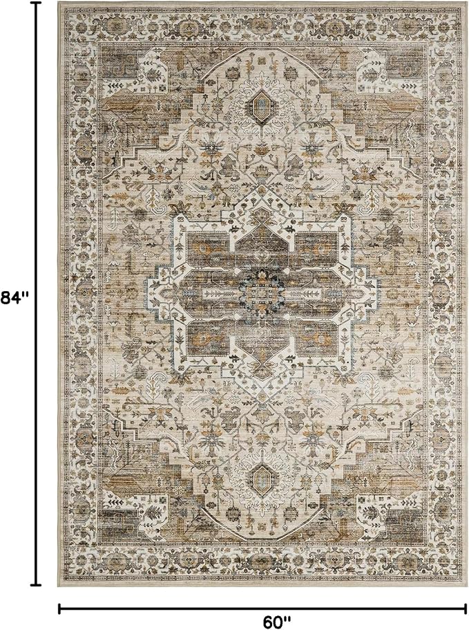 Roxstand 5x7 Washable Area Rug, Vintage Low Pile Rug, Beige/Brown | Non-slip Backing, Low-Pile Carpet, Stain Resistant,Rugs for Living Room,Bedroom, Dining Room, Office