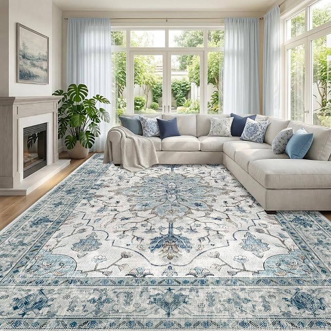 RELEANY Area Rugs Large 10'x12' Washable Non-Slip, Floral Vintage Distress Medallion Carpet for Living Room Bedroom Dining Room, Light Blue Navy Gray White