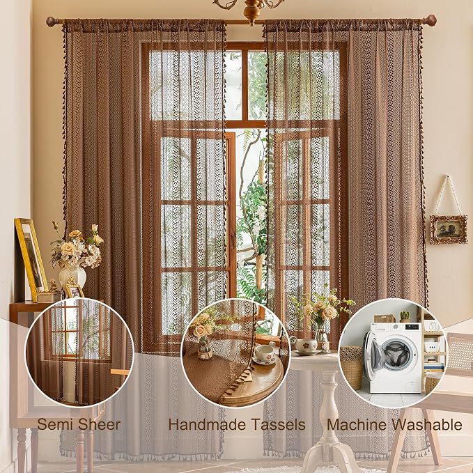 Sutuo Home Dark Coffee Boho Lace Curtains, Sheer Curtains 102 inches Long for Living Room Bedroom Light Filtering Caramel Privacy Vintage Tassels Bohemian Window Treatments Rod Pocket, 2 Panels 50" W