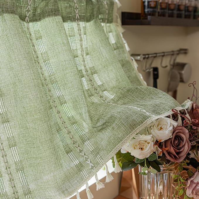 Deeprove Boho Valance Window Kitchen Curtain Over Sink, Short Textured Striped Tassel Drape Tier Embroidered Shabby Chic for Cafe Dining Bathroom Closet, W52 x L18 inch Rod Pocket 1 Panel Sage Green
