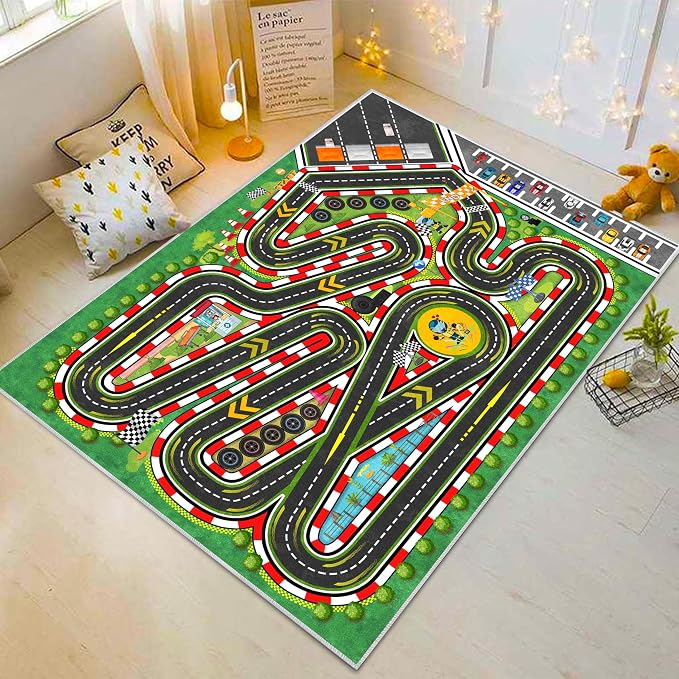 Kids Racing Rug 63''x94'' Car Road Kid Rug Carpet Playmat for Playoom Traffic Road Kid Play Mat for Bedroom，Kids Educational City Traffic Road map Fun Carpet (Green)