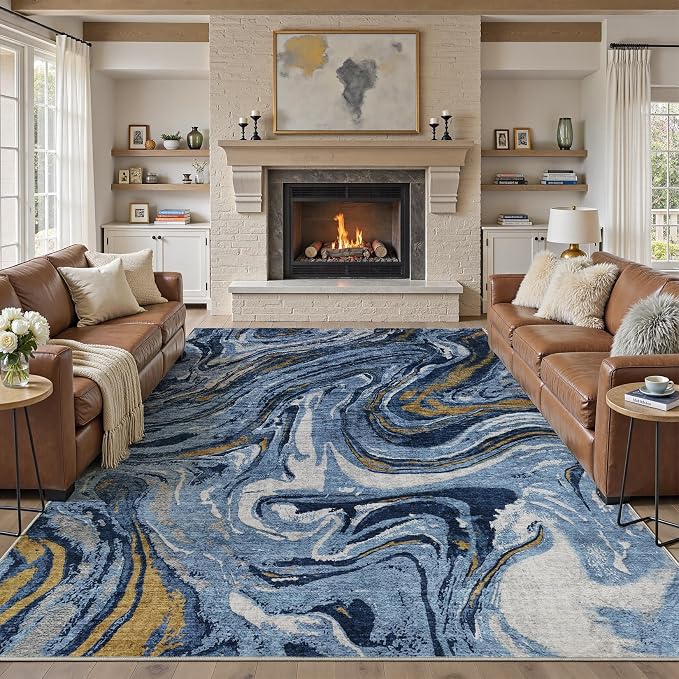 DMOYEST 9x12 Area Rug for Living Room - Washable Neutral Modern Abstract Rugs Soft Non-Slip Carpet Low Pile Indoor Floor Mat for Bedroom & Dining Room Decor for Families with Kids and Pets- Dark Blue