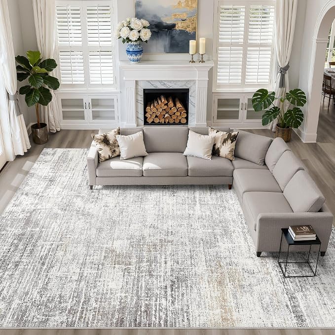 10x14 Area Rugs Living Room: Washable Large Neutral Rug Abstract Soft Modern Stain Resistant Indoor Floor Non-Slip Carpet for Bedroom Nursery Kids Office Playroom Dining Room Under Table- Gray Beige