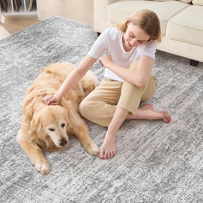 DMOYEST Area Rug Living Room Rugs - 9x12 Abstract Large Soft Indoor Washable Rug Neutral Modern Low Pile Carpet for Bedroom Dining Room Farmhouse Home Office - Vintage Grey