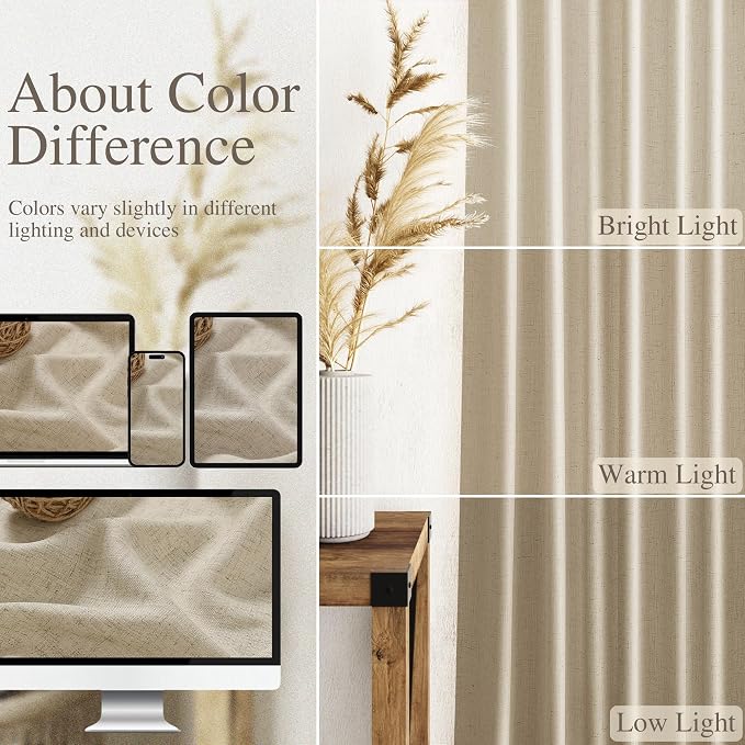 Nanspring Eggshell Beige Curtains 63 Inch Length for Living Room Linen Blend Luxury Light Filtering Semi Sheer Curtain Back Tab Rustic Decor Neutral Elegant Drapes for Bedroom Office 52x63, 2 Panels