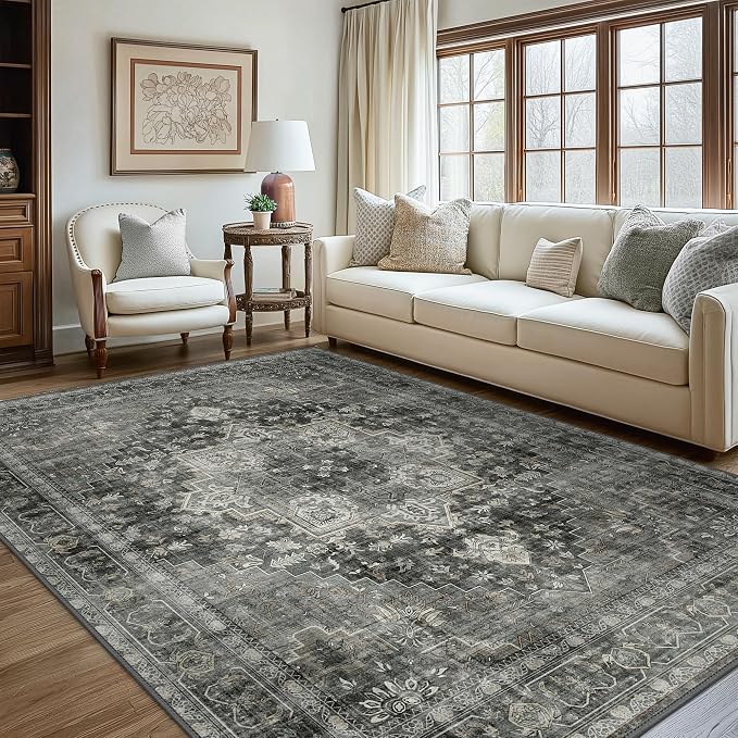 GENIMO 5x7 Area Rugs for Living Room, Machine Washable Non Slip Vintage Rugs, Low Pile Lightweight Print Rug for Bedroom, Dining Room, Home Office,Charcoal Gray