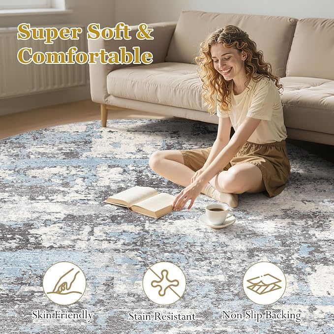 Area Rugs for Living Room: 10x10 Abstract Washable Rug Modern Neutral Large Soft Stain Resistant Non-Slip Backing Machine Table for Bedroom Dining Room Indoor Home Office Carpet - Blue Grey