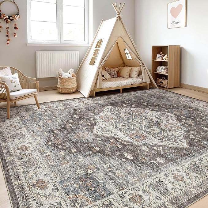10x13 Area Rug Living Room: Washable Boho Large Neutral Vintage Soft Rug Stain Resistant Farmhouse Non-Slip Indoor Floor Carpet for Bedroom Nursery Kids Office Dining Room Playroom- Grey Brown