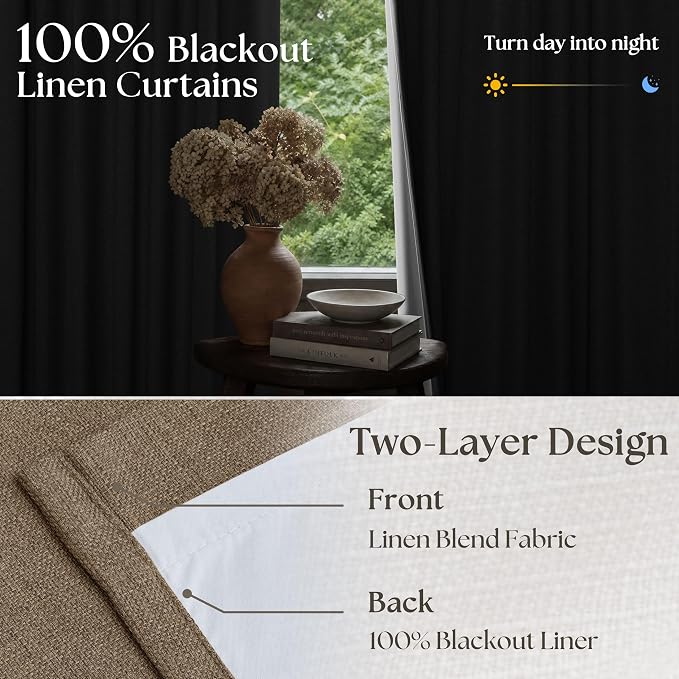 Latte Burlap Room Darkening Curtains 120 Inches Long for Bedroom Extra Long Rustic Boho Pinch Pleated Blackout Linen Drapes 40x120 Inch Length 2 Panels Set Sliding Door Curtain Decor with Liner