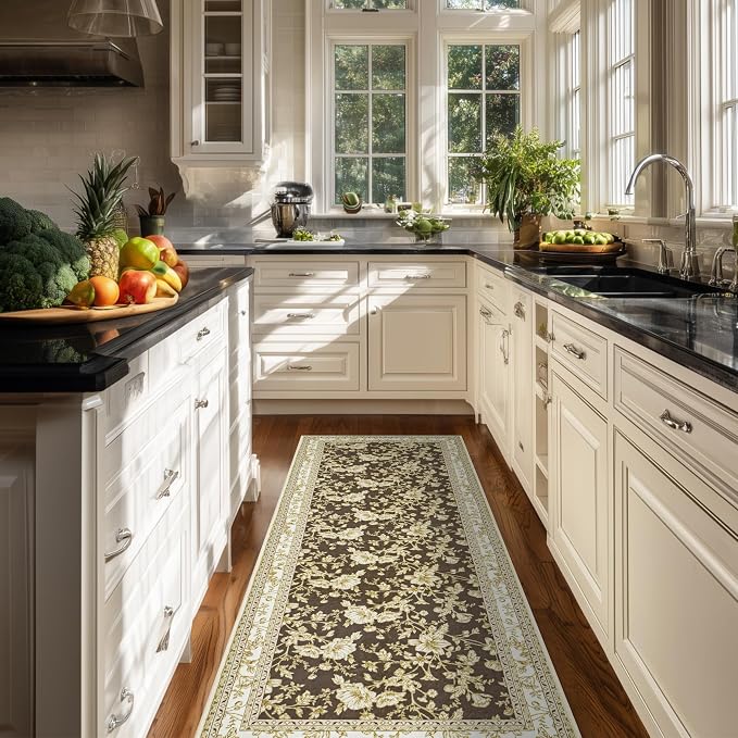 Brown Runner Rugs 2x6 for Hallway Kitchen Bedroom Beside Laundry Room Bathroom Rug Boho Modern Washable Non Slip Low Pile Stain Resistant Soft Long Carpet Mat Brown Cream Beige Floral Pattern