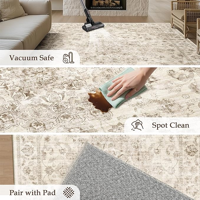 8x10 Washable Neutral Area Rug Beige Vintage Living Room Bedroom Carpet Non-Slip Soft Medium Pile Floral Indoor Large Throw Rug for Dining Room Office