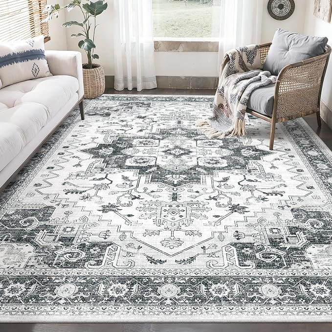 Washable 6x9 Area Rug,Vintage Floral Area Rugs with Non Slip Backing Stain Resistant Grey Carpet for Bedroom Dining Room Indoor Soft Carpets Home Decor(6x9,Grey)