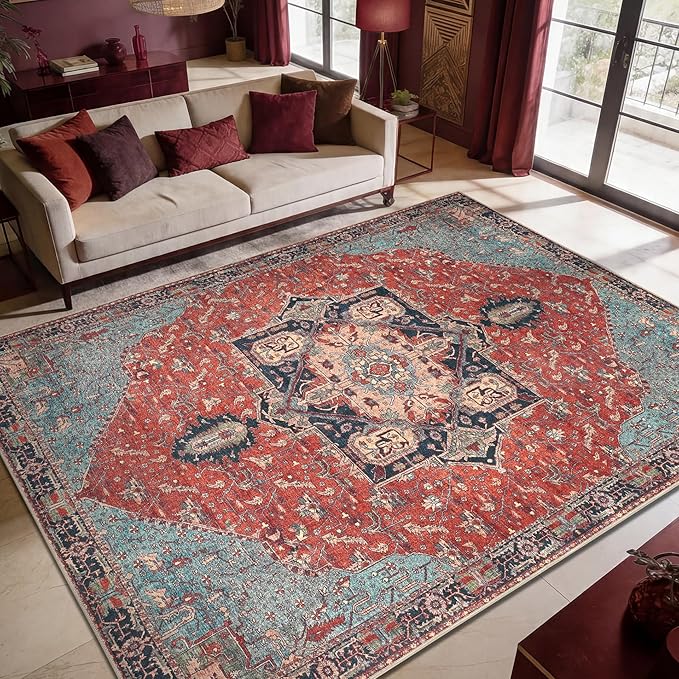 Keen Home Design 8x10 Rug - Machine Washable Area Rug with Non-Slip Backing, Ideal for Living Room, Dining Room, Bedroom - Vintage, Easy Clean, Durable, Low Pile Rug - (8' x 10')