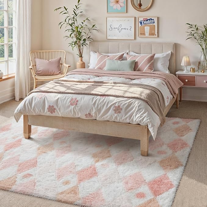 PureCozy Checkered Rug 6x9 Fluffy Shag Living Room Pink Area Rug Modern Washable Carpet Soft Shaggy Non Slip Indoor Plush Fuzzy Rugs for Bedroom Dorm Office Home Aesthetic Decor