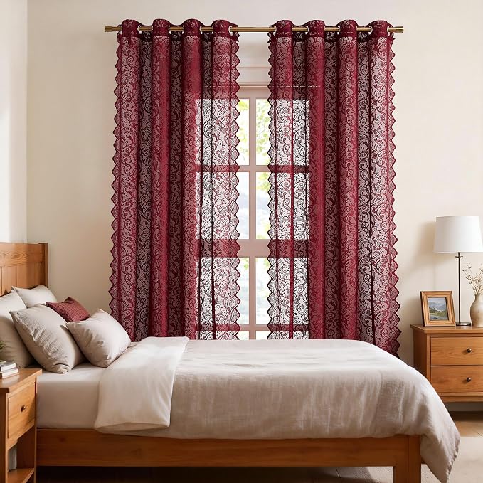 Bujasso Burgundy Lace Sheer Curtains for Small Window Bedroom Victorian Floral Embroidered Red Drapes with Scalloped Edge, Light Filtering & Privacy, Grommet Top 2 Panels 52Wx54L Inches