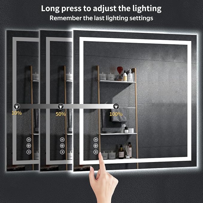 47"x47" LED Bathroom Mirror with Lights, Backlit + Front Lit with CRI>90, Lighted Mirror for Bathroom, Anti-Fog, Dimmable Brightness, 3 Colors, Memory Function, Shatterproof Tempered Glass