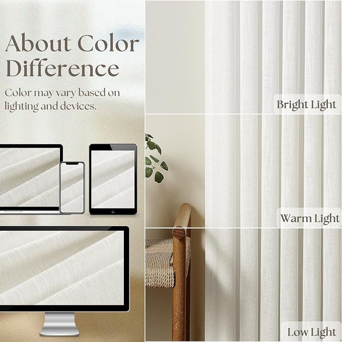 Ivory Linen Kitchen Curtains 36 Inch Length Pinch Pleated 2 Panels for Small Window Privacy Light Filtering Bathroom Window Drapes Neutral Semi Sheer Short Curtains for Front Door Laundry RV Camper