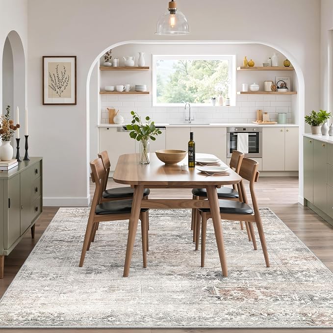 Soalmost 6x9 Area Rugs for Living Room, Washable Bedroom Soft Rug Taupe | Vintage Floral Stain Resistant Non-Slip Low Pile Throw Large Carpet for Dining Room Kitchen Home Office Nursery 6'x9'