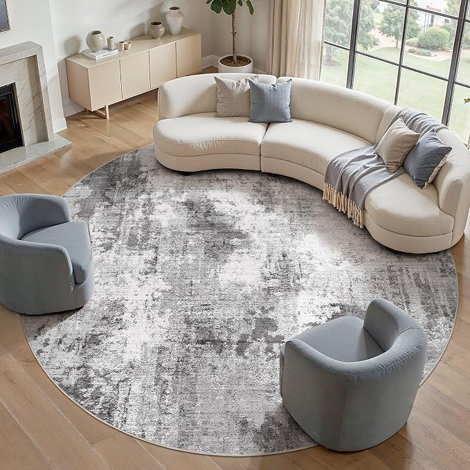 Abstract 12FT Round Rug: Machine Washable Non Slip Ultra Thin Low-Pile Carpet, Soft Stain Resistant for Living Dining Room Bedroom, Kid Pet Friendly, Robot Vacuum Compatible - Grey