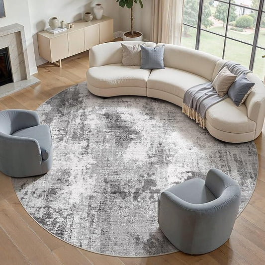 Abstract 12FT Round Rug: Machine Washable Non Slip Ultra Thin Low-Pile Carpet, Soft Stain Resistant for Living Dining Room Bedroom, Kid Pet Friendly, Robot Vacuum Compatible - Grey