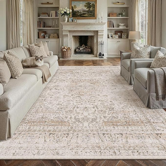 10x14 Washable Area Rug Beige Vintage Non Slip Soft Low Pile Rug for Living Room Bedroom Dining Room Office Distressed Oriental Indoor Large Throw Carpet for Home Decor