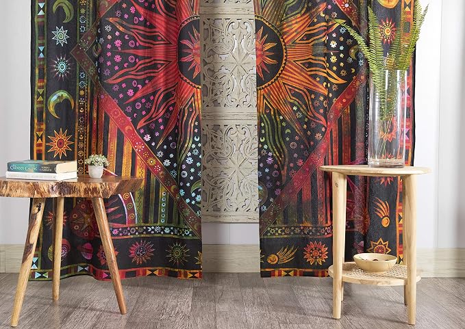 Popular Handicrafts Indian Burning Sun Hippie Mandala Window Curtains - Gypsy Tye Dye Bohemian Sun Moon Beautiful Drapery Bedroom Living Room Balcony Valance Panels Golden