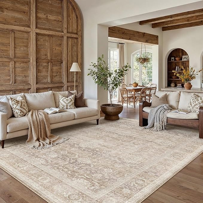HUGEAR 8x10 Area Rugs Machine Washable Retro Beige Living Room Bedroom Rug Distressed Vintage Neutral Stain Resistant Non Slip Low Pile Large Throw Carpet for Home Aesthetic Decor