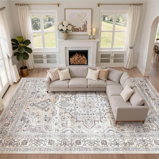 10x14 Area Rugs Living Room: Washable Boho Large Neutral Vintage Soft Rug Stain Resistant Farmhouse Non Slip Indoor Floor Carpet for Bedroom Nursery Kids Playroom Office Dining Room- Ivory Gray