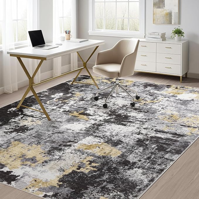 Abstract 7x9 Area Rug: Machine Washable Non Slip Ultra Thin Low-Pile Carpet, Soft Stain Resistant for Living Room Bedroom Nursery, Kid Pet Friendly, Robot Vacuum Compatible - Black Gold