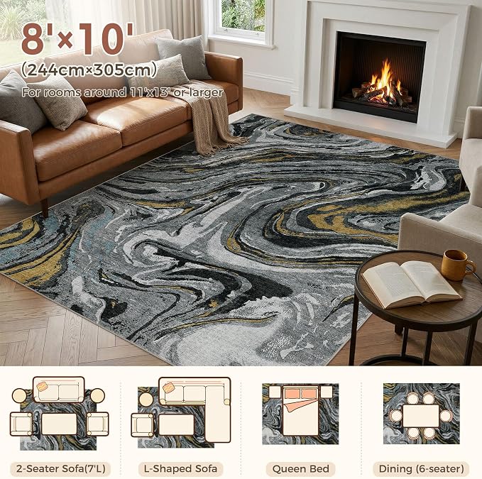 DMOYEST 8x10 Area Rug for Living Room - Washable Neutral Modern Abstract Rugs Soft Non-Slip Carpet Low Pile Indoor Floor Mat for Bedroom & Dining Room Decor for Families with Kid and Pet-Black Golden