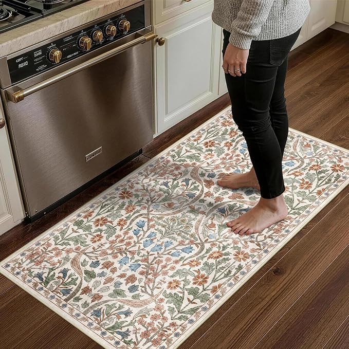2x4 Washable Runner Rug Kitchen Hallway Area Rug Vintage Boho Floral Ultra Non-Slip Low Pile Soft Faux Wool Carpet Kids and Pets Friendly for Bathroom Bedroom Entryway Nursery Home Rug Beige