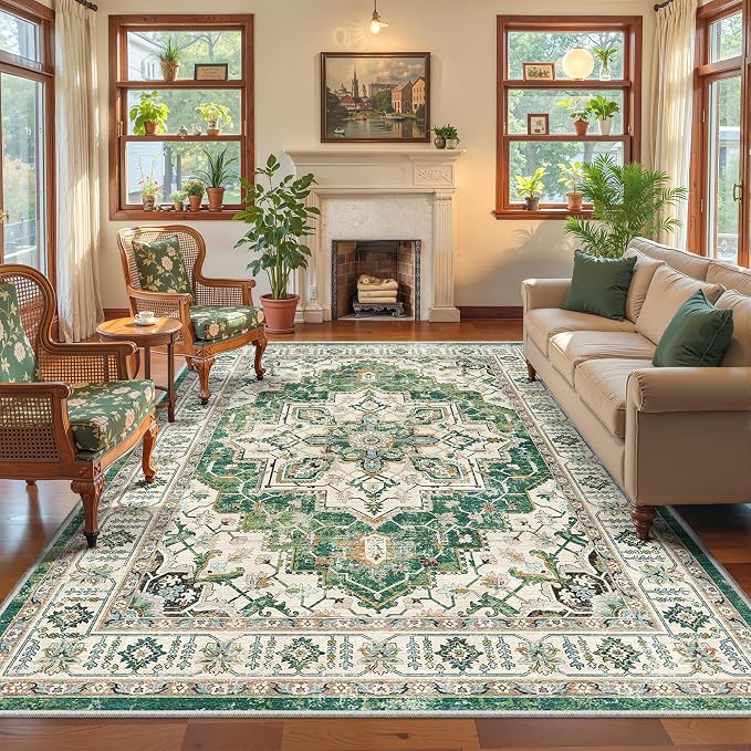 zesthome 6x9 Area Rugs, Machine Washable Rugs for Living Room, Bedroom,Stain Resistant Vintage Large Area Rug,Non-Slip Medallion Pattern Home Decor Rugs (Green,6'x9')